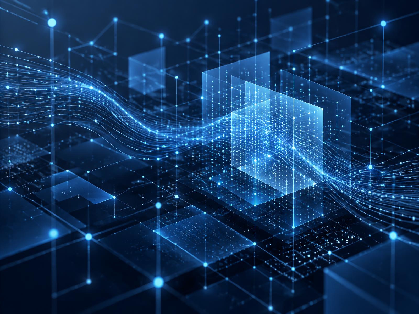 Abstract visualisation of connected systems, AI data flow and software architecture